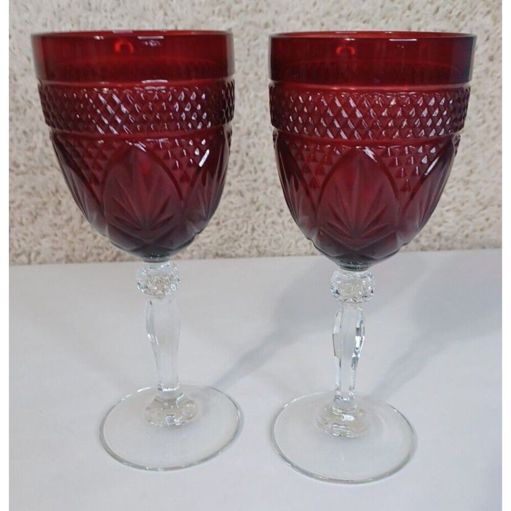 2 Cristal d'Arques Durand Ruby Red Gothic Wine Goblets Glasses 8” Etched Weed